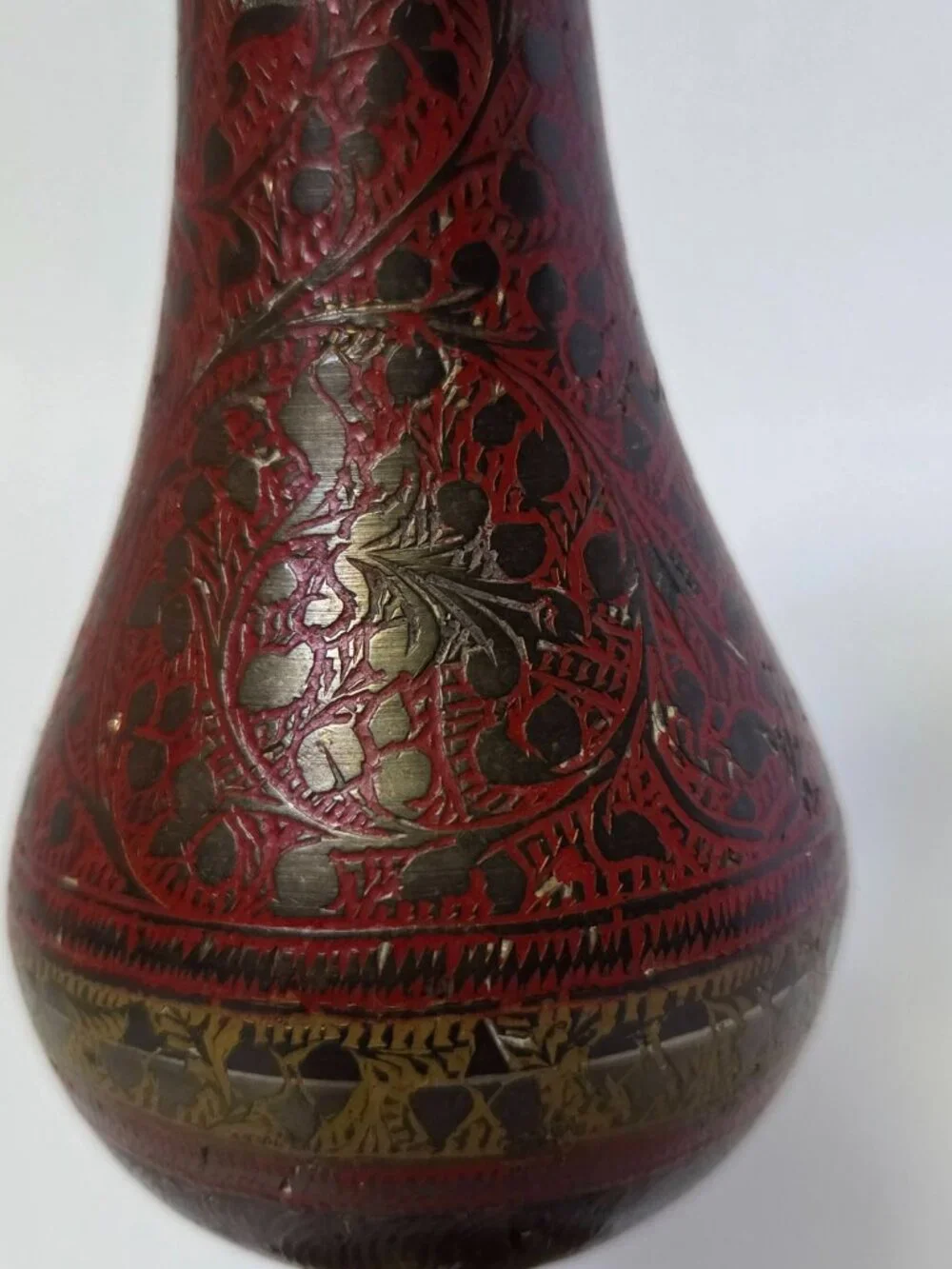 Vintage Enameled Brass Peacock Vase Made in India Hand Etched Red Pedestal Bud